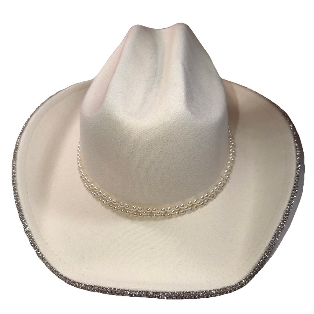 NWT Francesca's Cowgirl Hat Pearls & Rhinestones Felt Faux Suede Bedazzled Stain - Picture 2 of 5